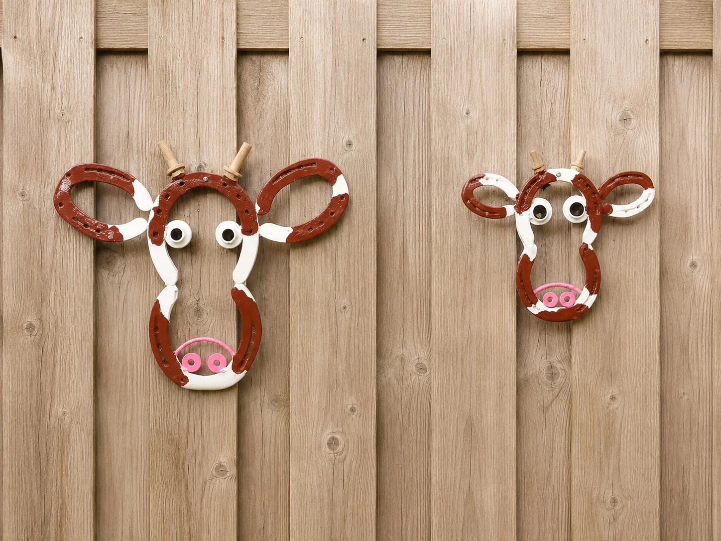 Twee wandkoppen van hoefijzers op hout